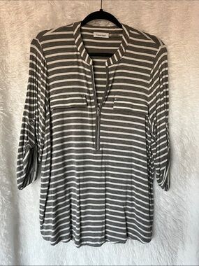Calvin Klein Gray and White Striped Split-Neck Tunic
